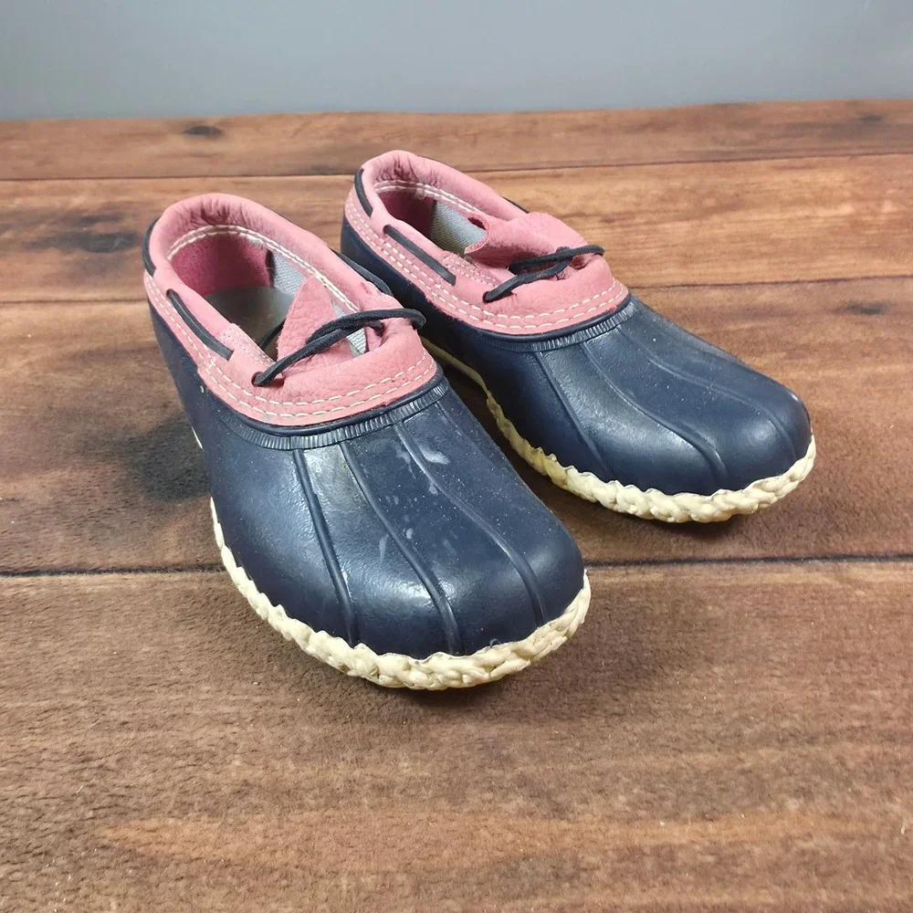 L.L. Bean Rubber Moc Shoes Womens Navy Pink Good Waterproof Duck Boots 7,5